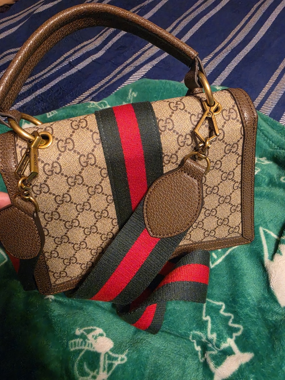 Gucci Brown GG Supreme Crossbody with Red and Green Web Stripe